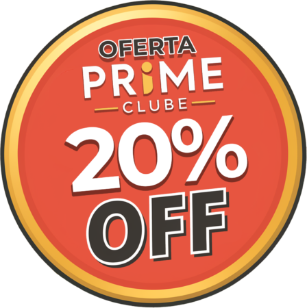 Selo circular vermelho Oferta Prime Clube 20% OFF